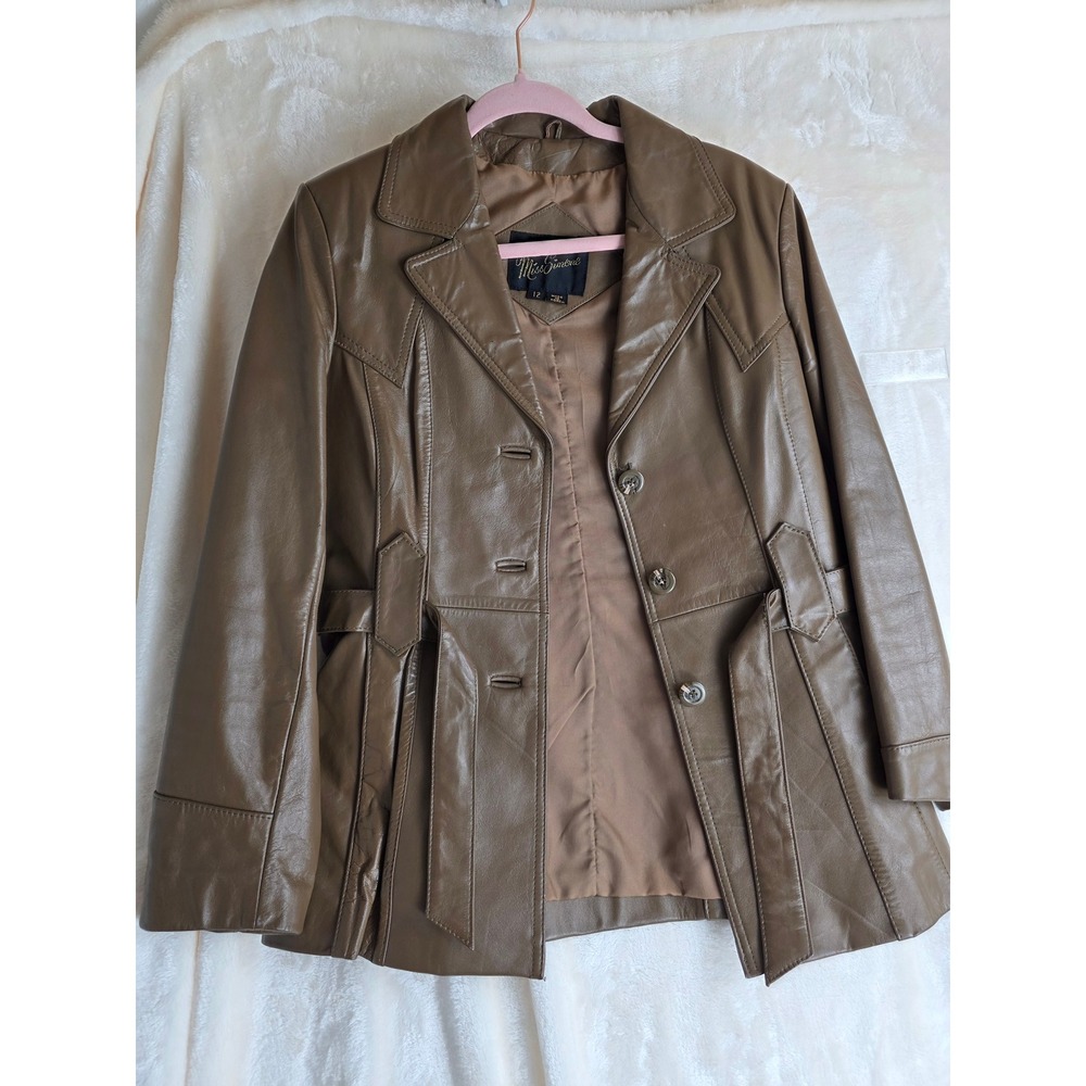 Vintage Miss Simone Women's Brown‎ Leather Belted Blazer Jacket Size 12